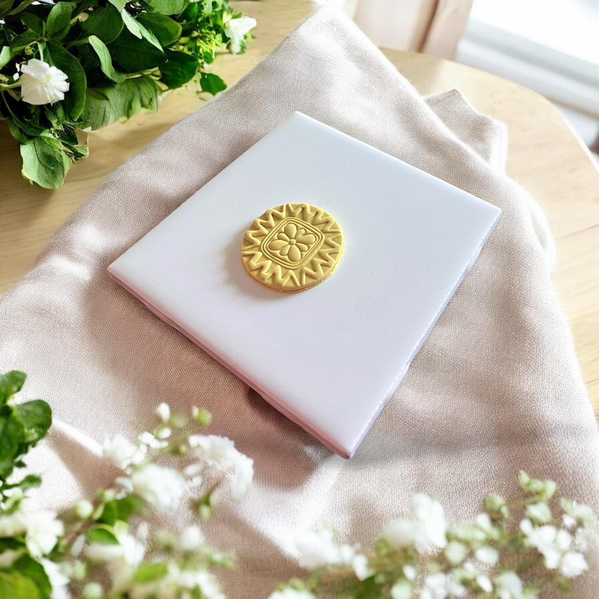 37mm boho-inspired flower circle polymer clay cutter displayed on white background with natural lighting.