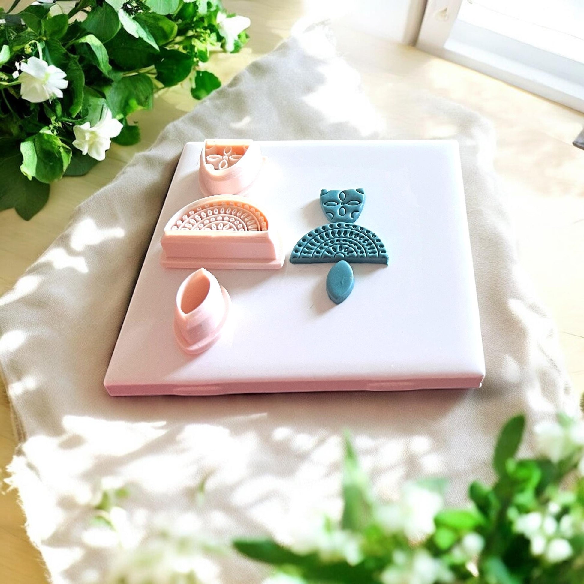 3-piece boho earring clay cutter set on white tile
