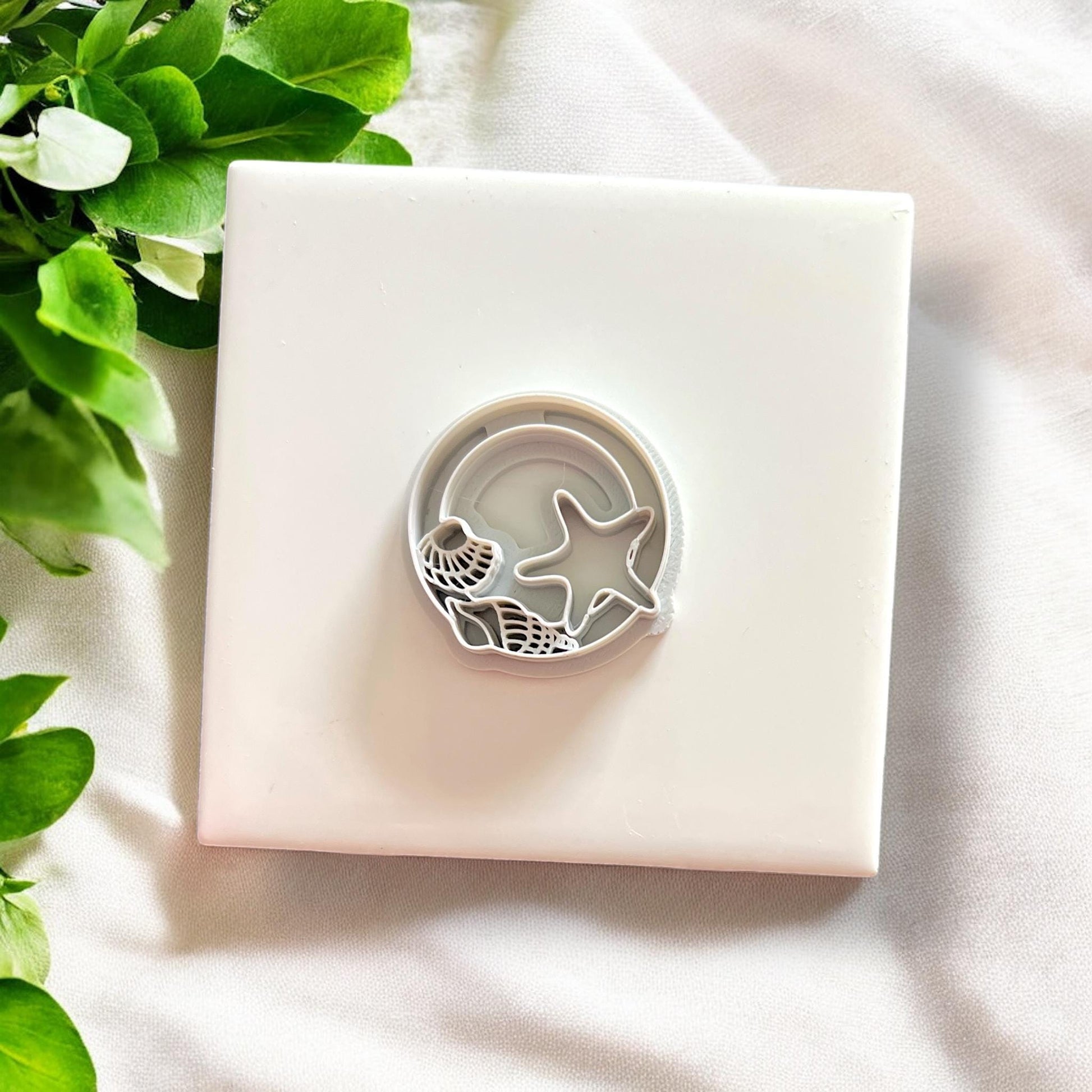 Top-down view of both parts of the seashell circle cutter placed together over a white background