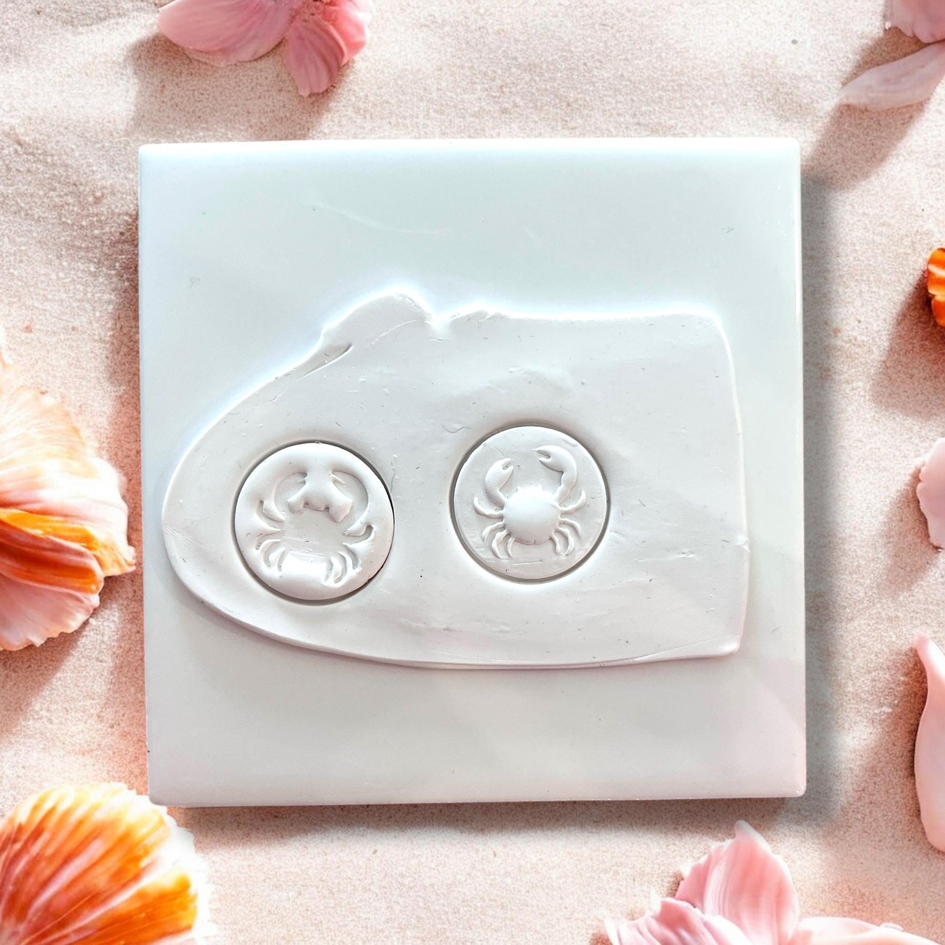 Two crab impressions in white clay showing round crab stud designs