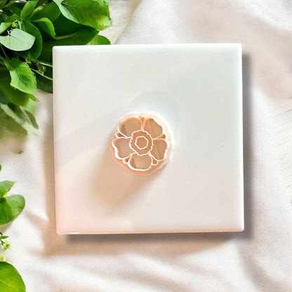 Top-down view of beige anemone clay cutter on white ceramic background