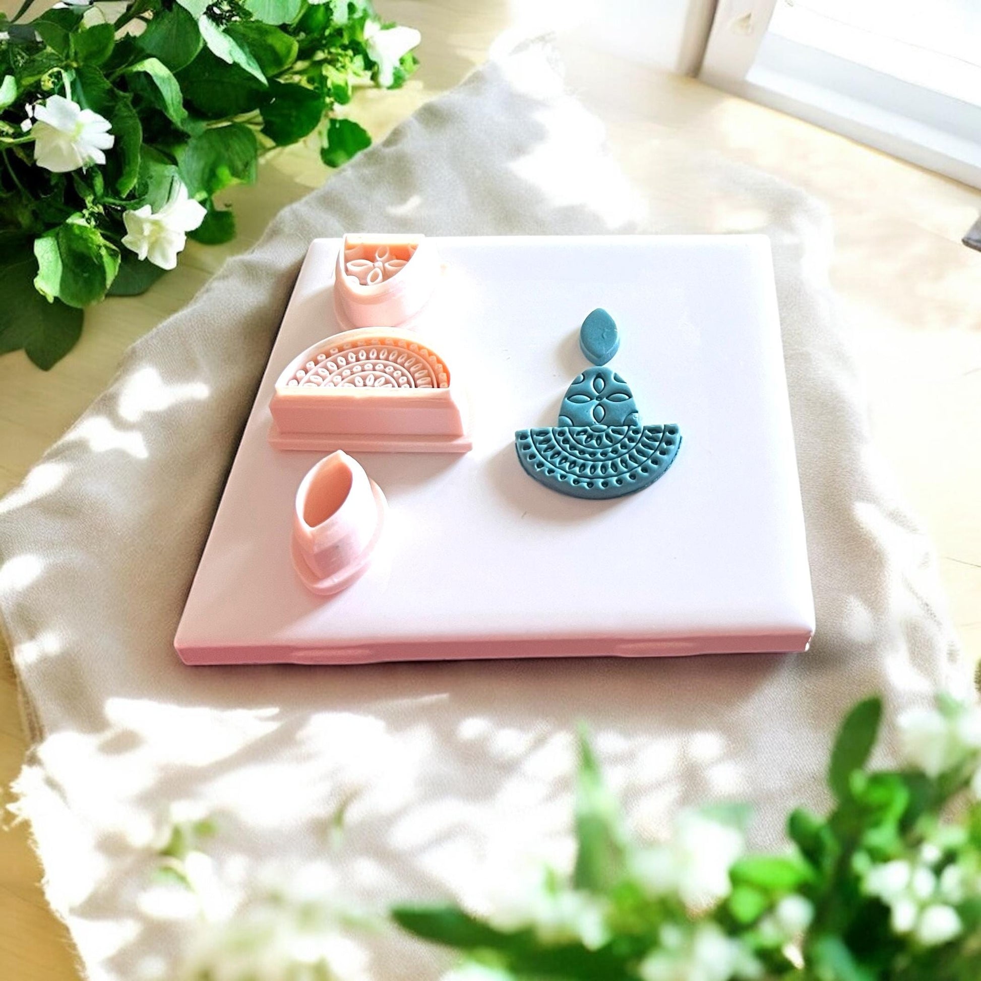 3-piece boho earring clay cutter set on white tile