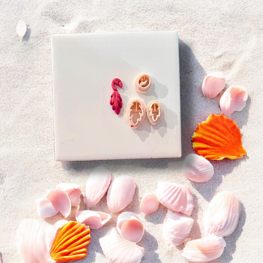 Cutter set with finished clay flamingo and all three mold pieces shown