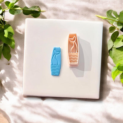 Mermaid tail huggie cutter and completed piece shown together