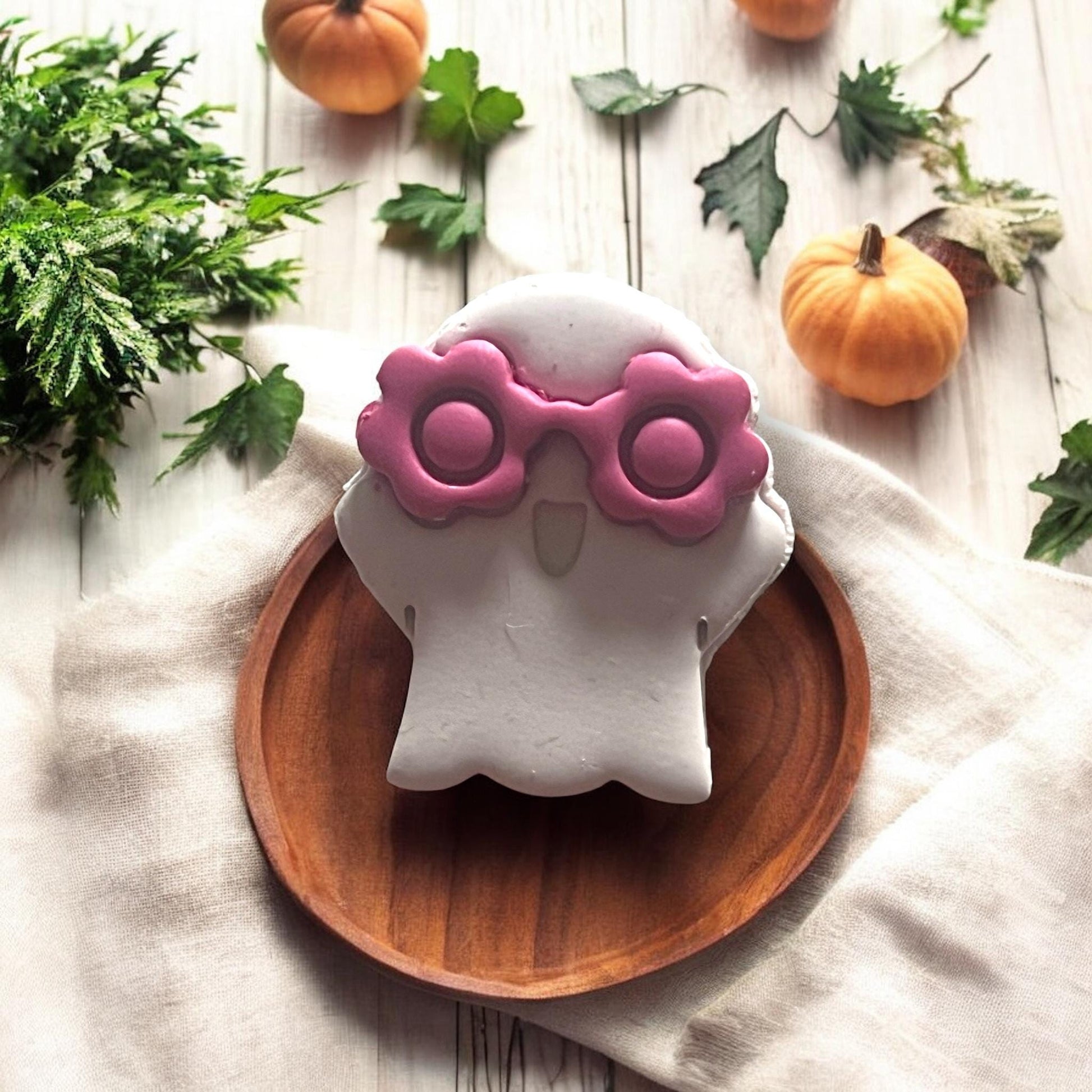 assembled ghost with pink glasses