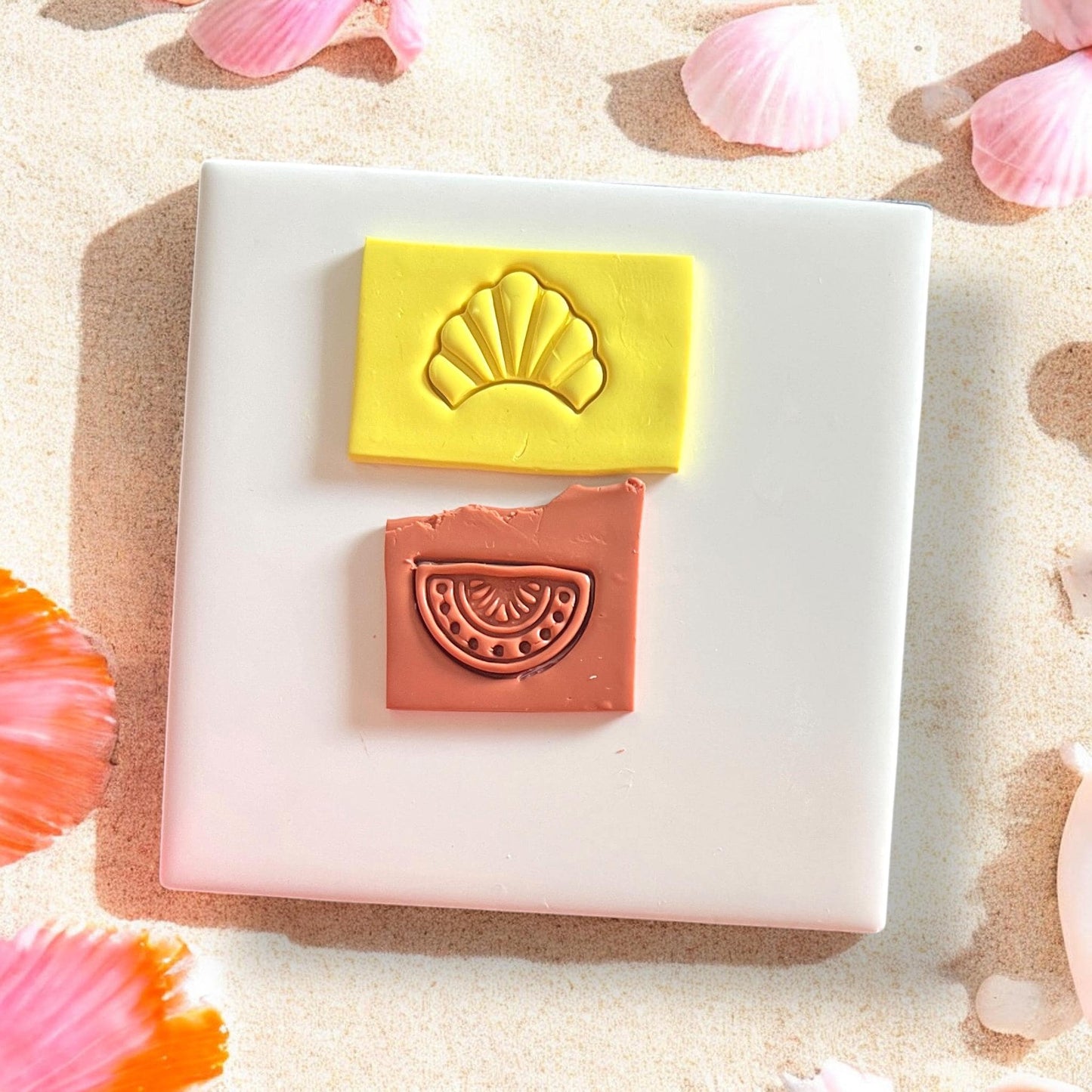 Fan shell and citrus clay pieces on white tile