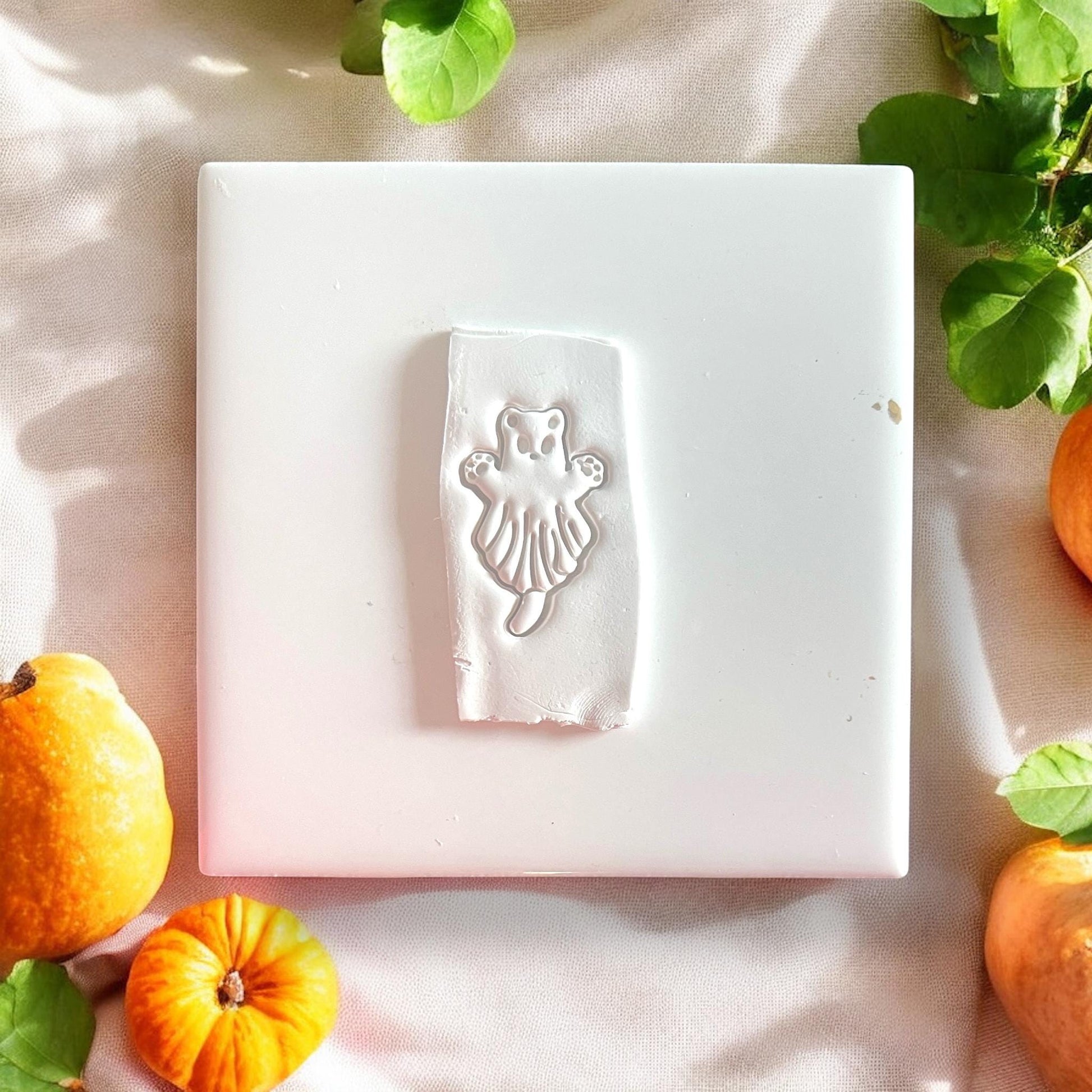 Sugar glider ghost shape impressed into white clay