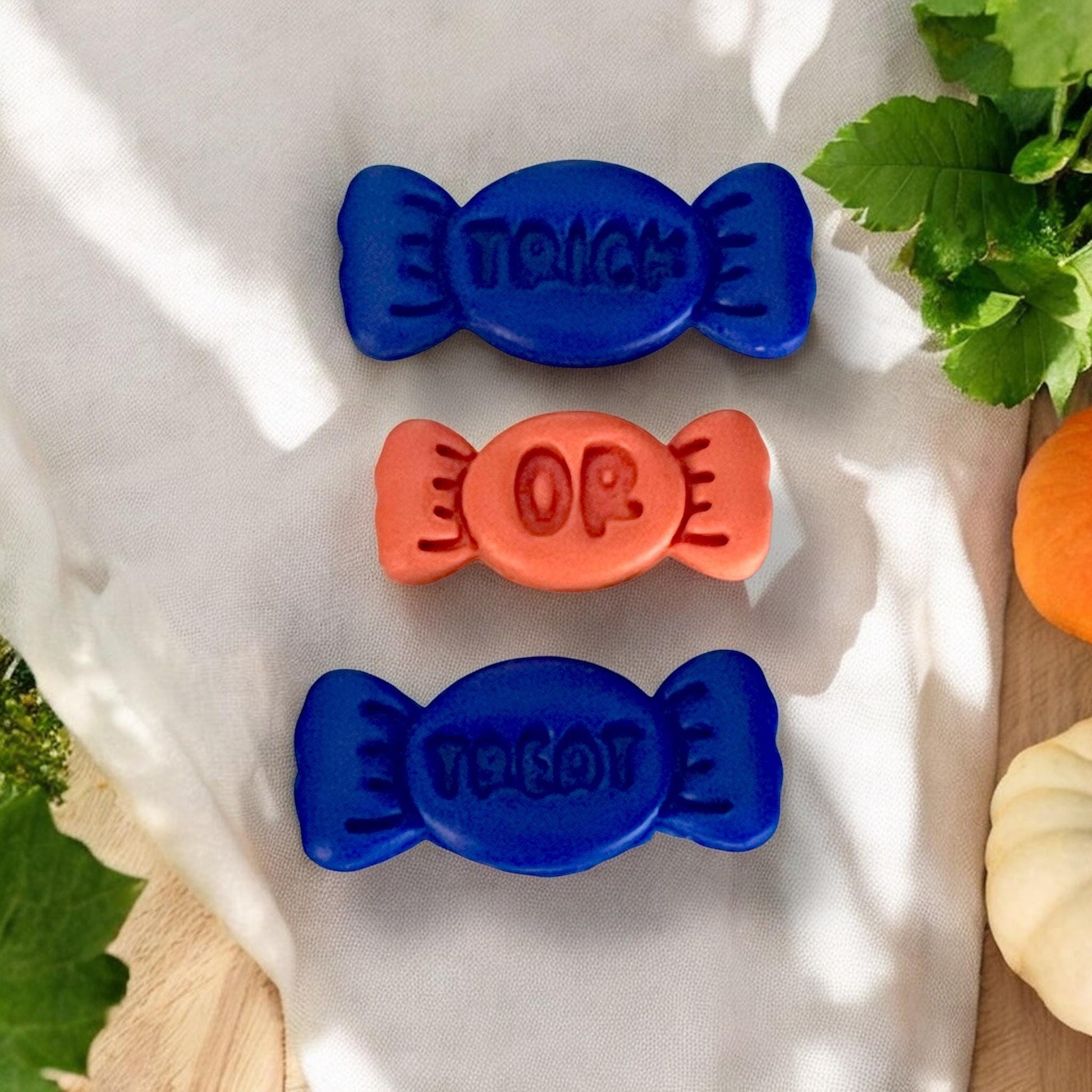 Close-up of finished &quot;Trick Or Treat&quot; candies with clean impressions