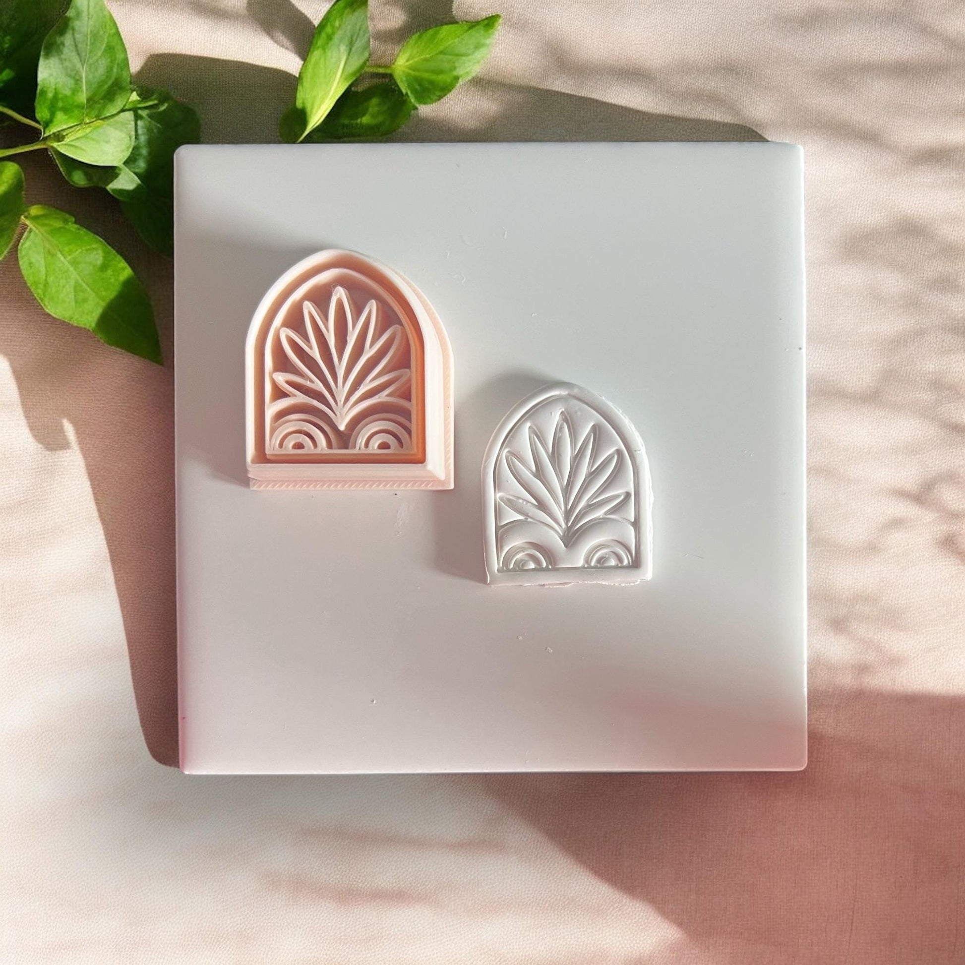 Polymer clay cutter and matching clay impression, Palm Scroll Window