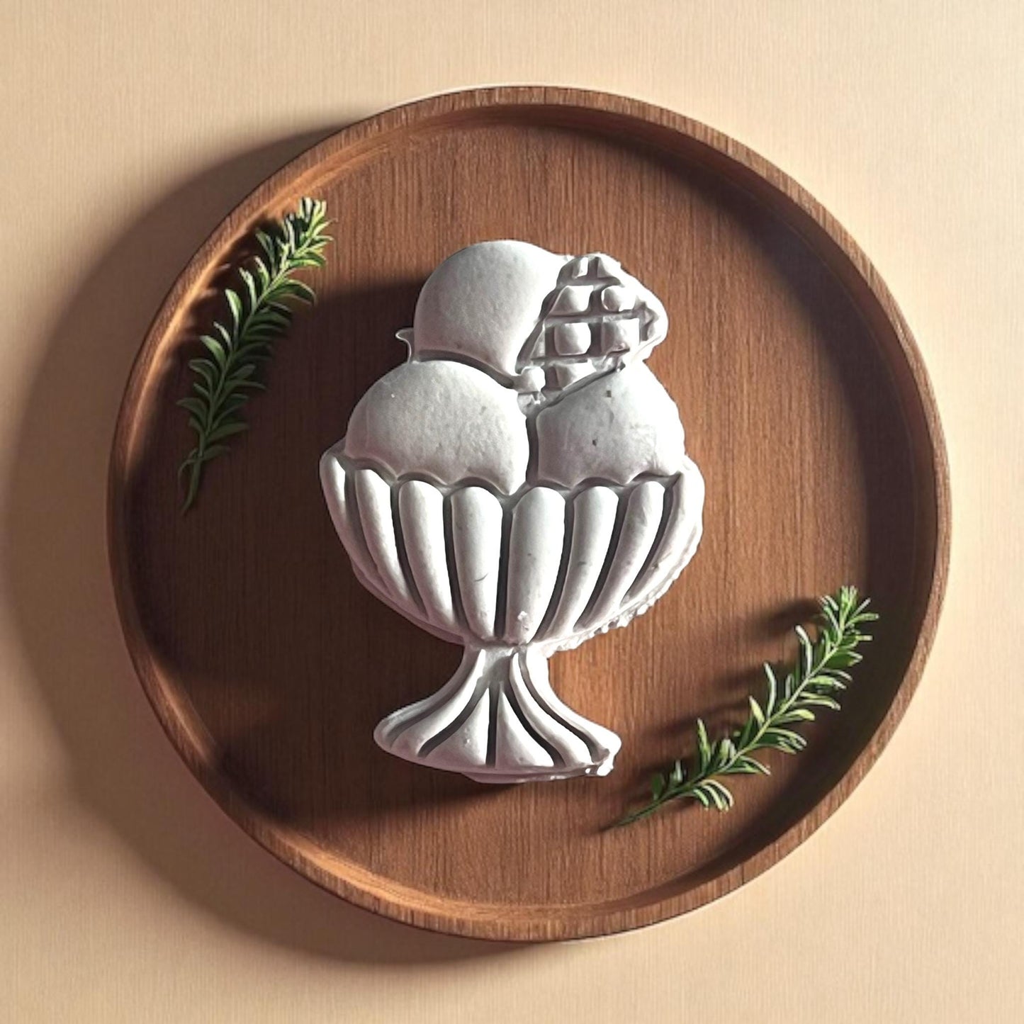 Large clay ice cream sundae charm styled on wooden plate