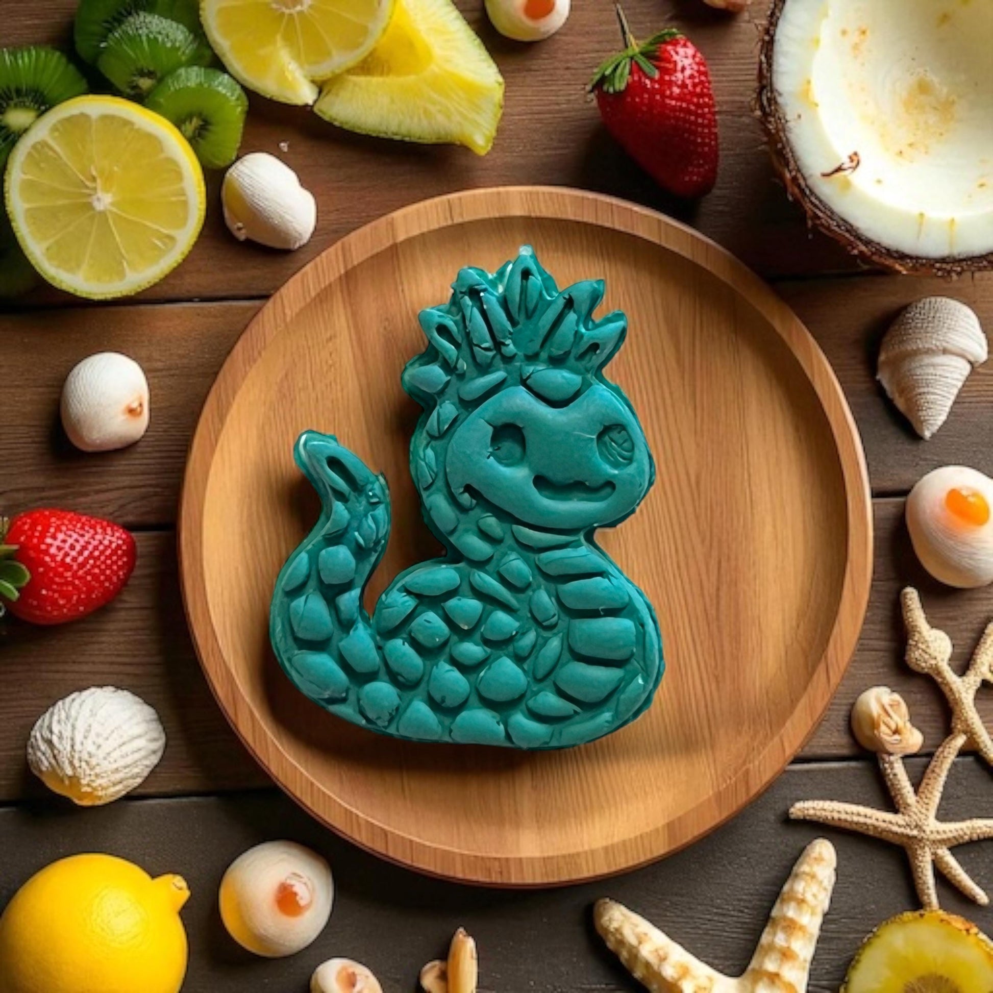 Oversized teal clay version of pineapple serpent on wooden plate