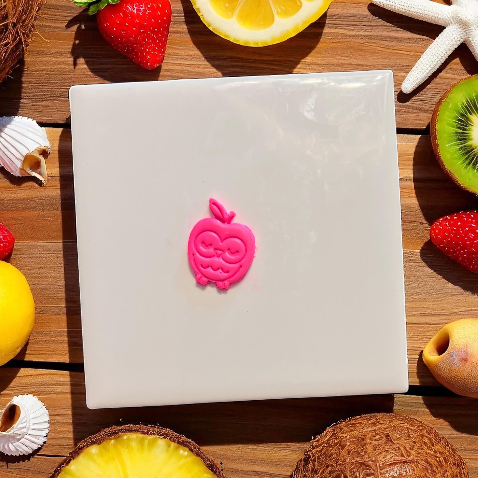Clay cutter and impression set of owl apple shape on white background