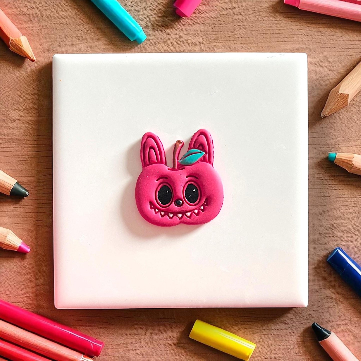 Finished pink apple monster clay piece with black eyes and leaf detail