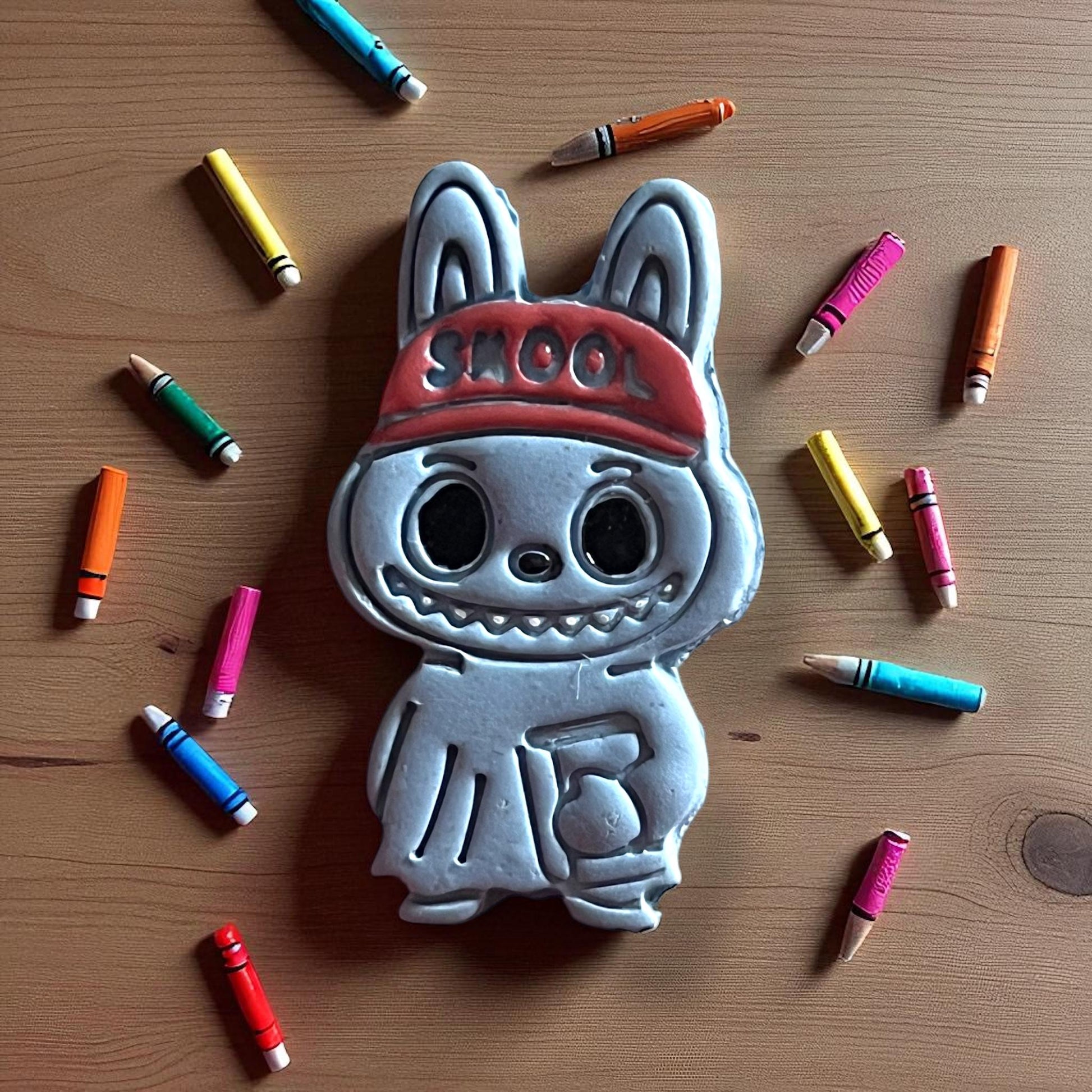 Large back to school monster clay design surrounded by colorful crayons