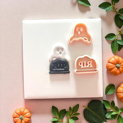 Ghost and tombstone polymer clay earring cutter with pumpkins