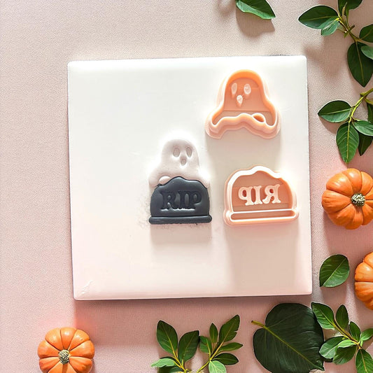 Ghost and tombstone polymer clay earring cutter with pumpkins
