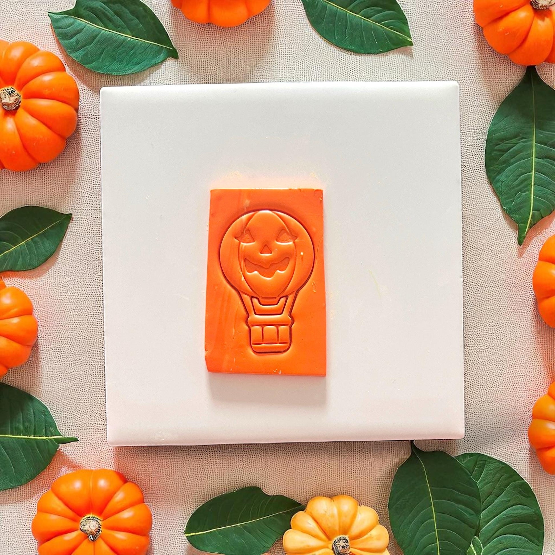 Pumpkin hot air balloon clay impression with leaf and pumpkin decor