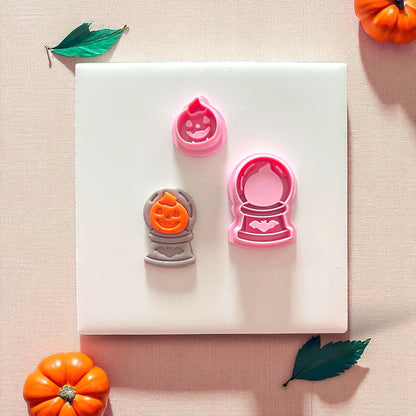 Pumpkin crystal ball with two-piece clay cutter set displayed