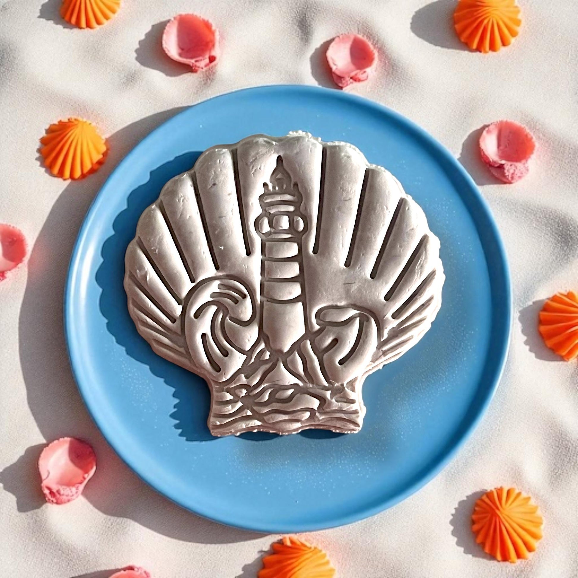 Large slab showing shell and lighthouse polymer clay imprint on blue plate