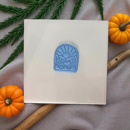 Fall tractor scene polymer clay imprint with pumpkins