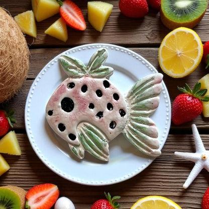 Painted ceramic-style strawberry fish with fruit and summer accents