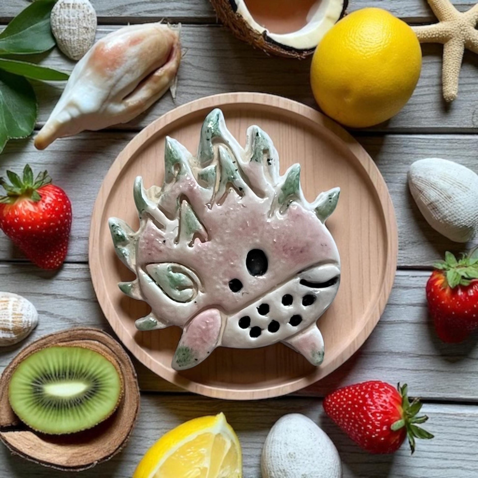 Glazed ceramic version of pomegranate whale shaped art