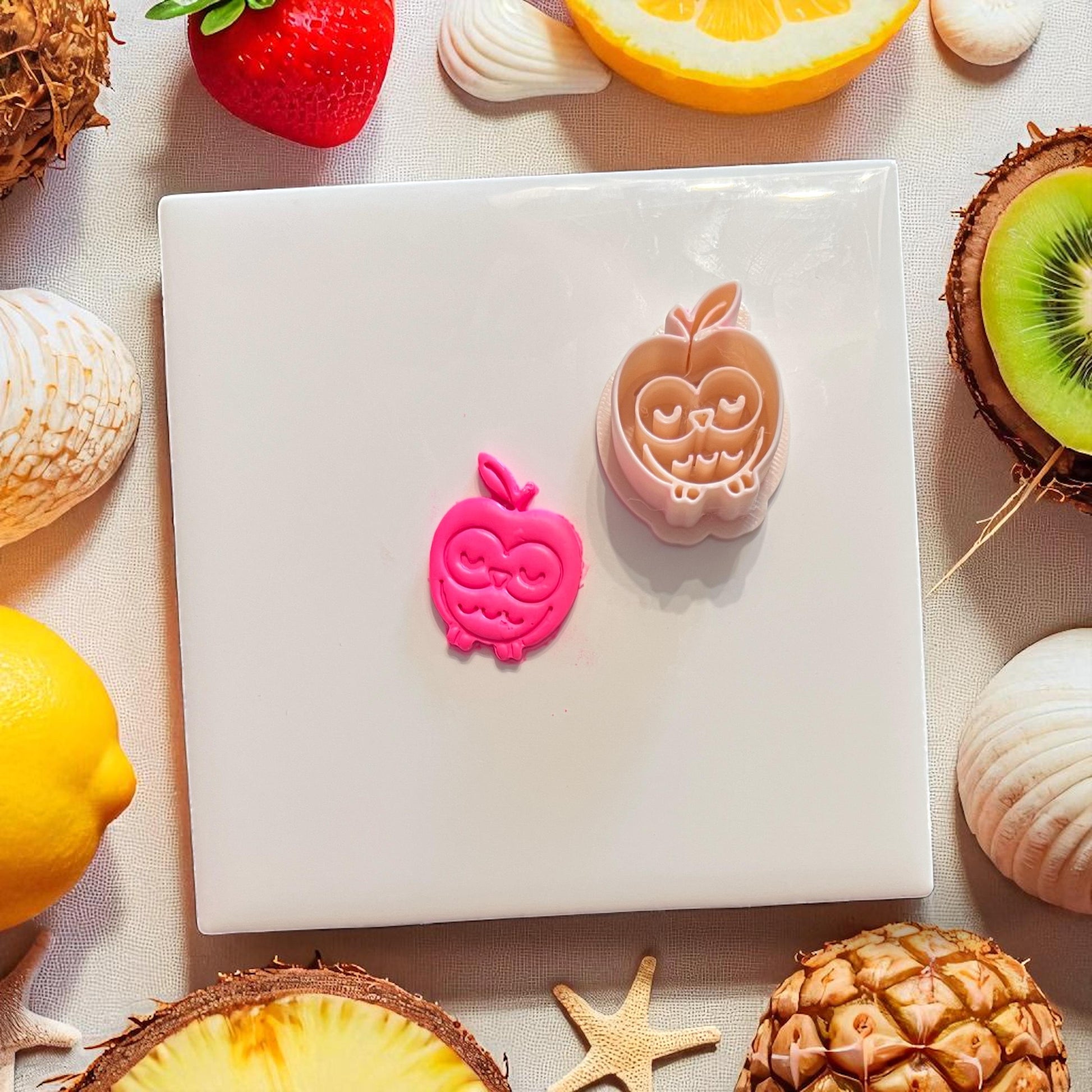 Owl inside apple clay impression on hot pink slab with summer fruit