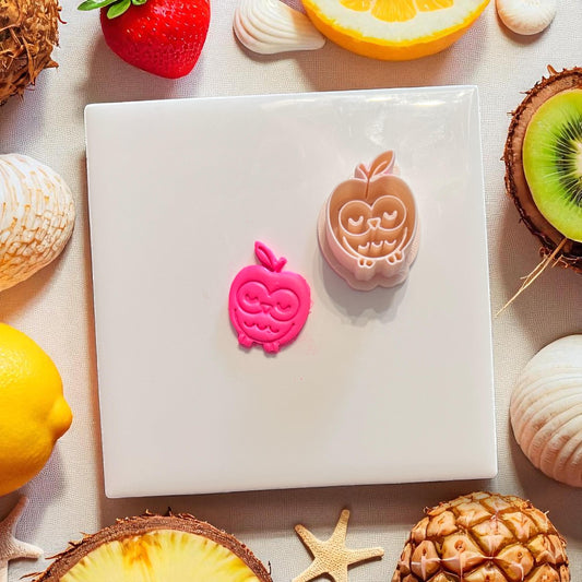 Owl inside apple clay impression on hot pink slab with summer fruit