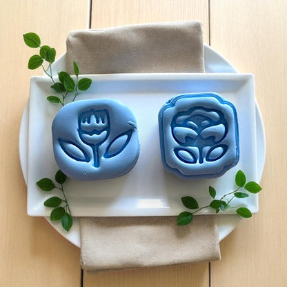 closeup of clay impressions on plate with greenery