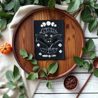 Black clay rectangle bat imprint decorated on wooden plate with greenery and pumpkins.