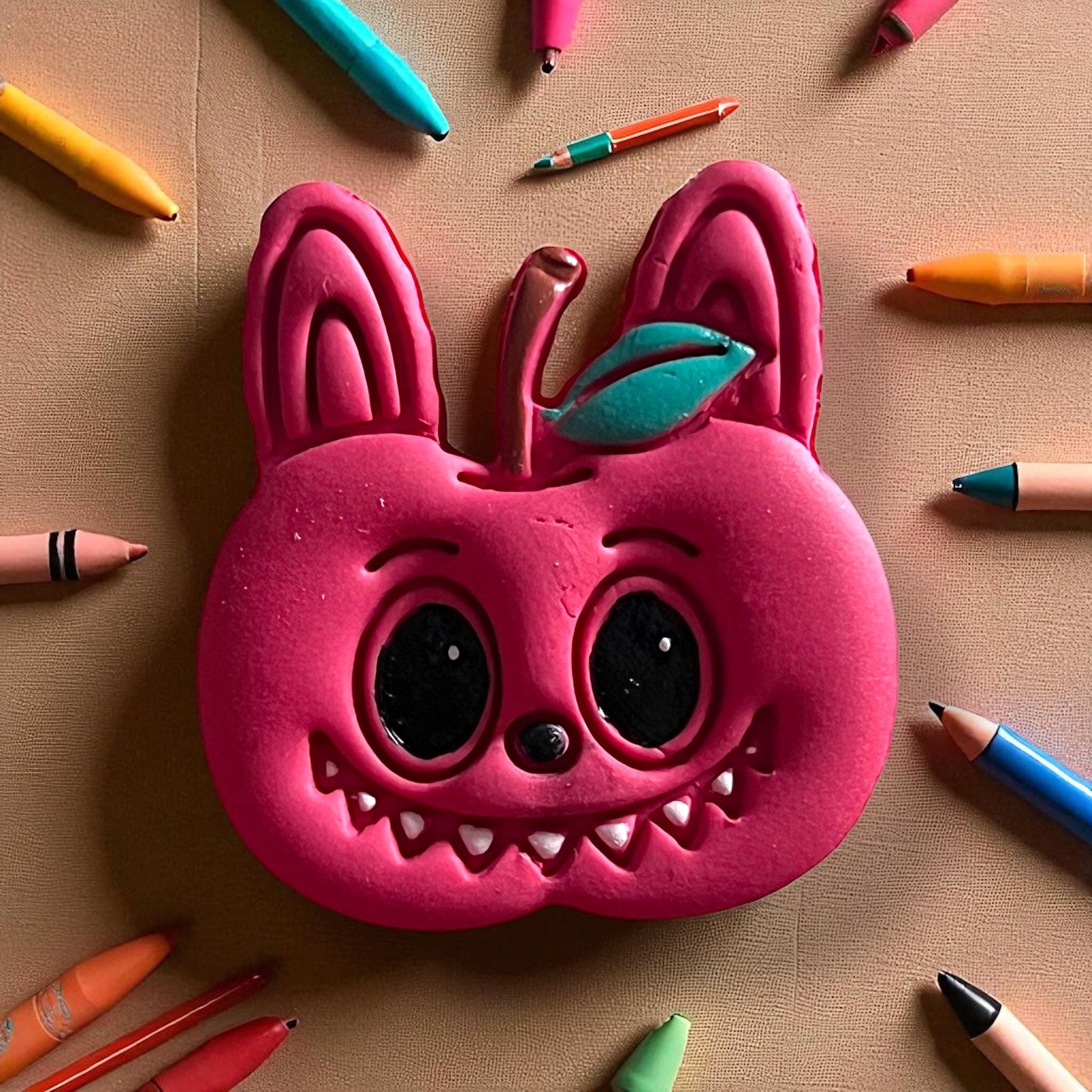 Large pink apple monster polymer clay piece surrounded by crayons