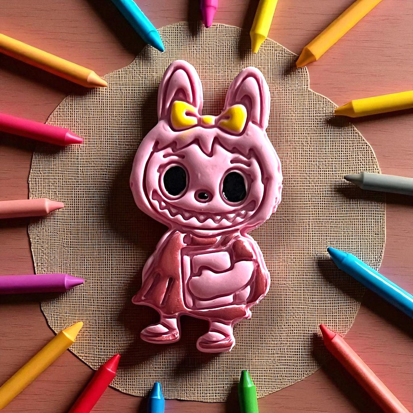 Back-to-school girl monster clay cutter surrounded by crayons
