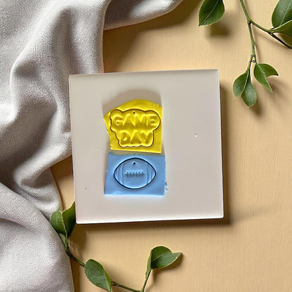 Football Game Day clay cutter set with pink and yellow clay impressions