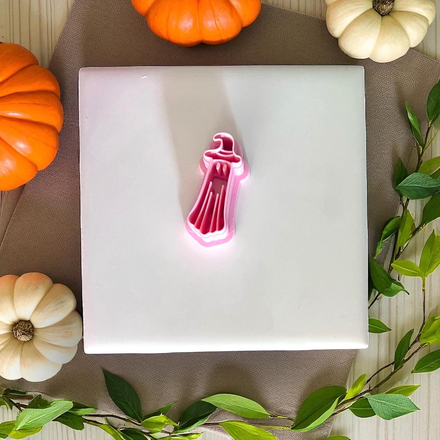 Pink Halloween ghost clay cutter with witch hat