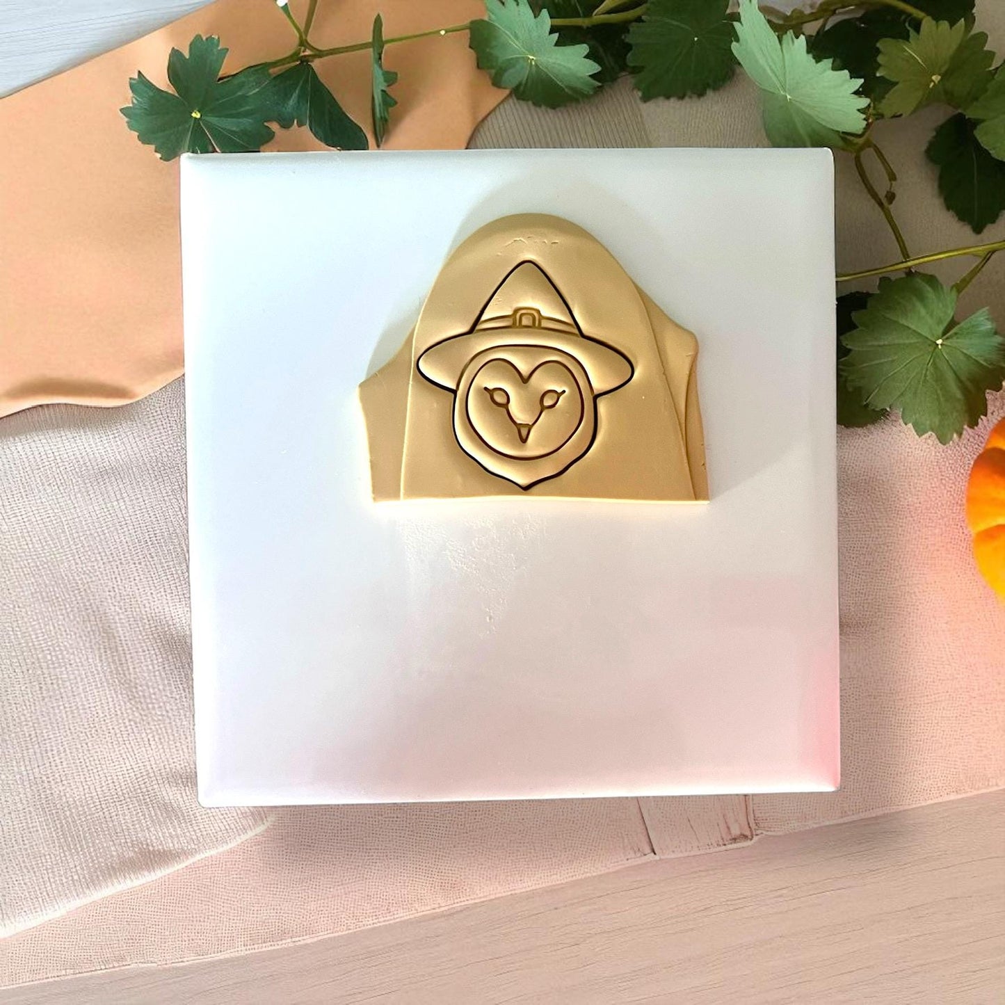 Golden clay impression of owl in witch hat