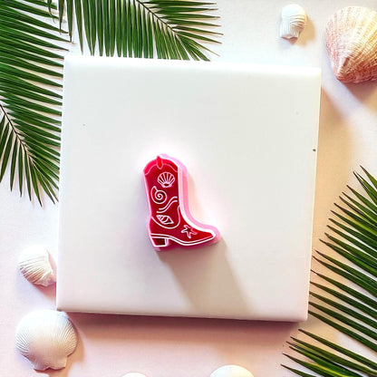 Red cowboy boot clay cutter with seashell design