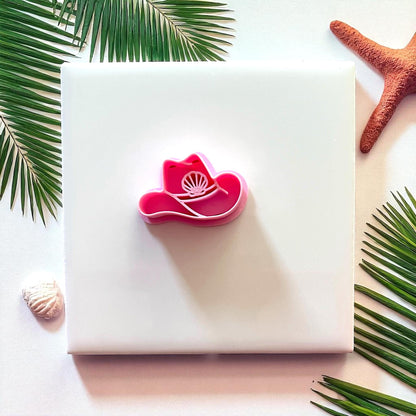 Pink cowboy hat polymer clay cutter with seashell design