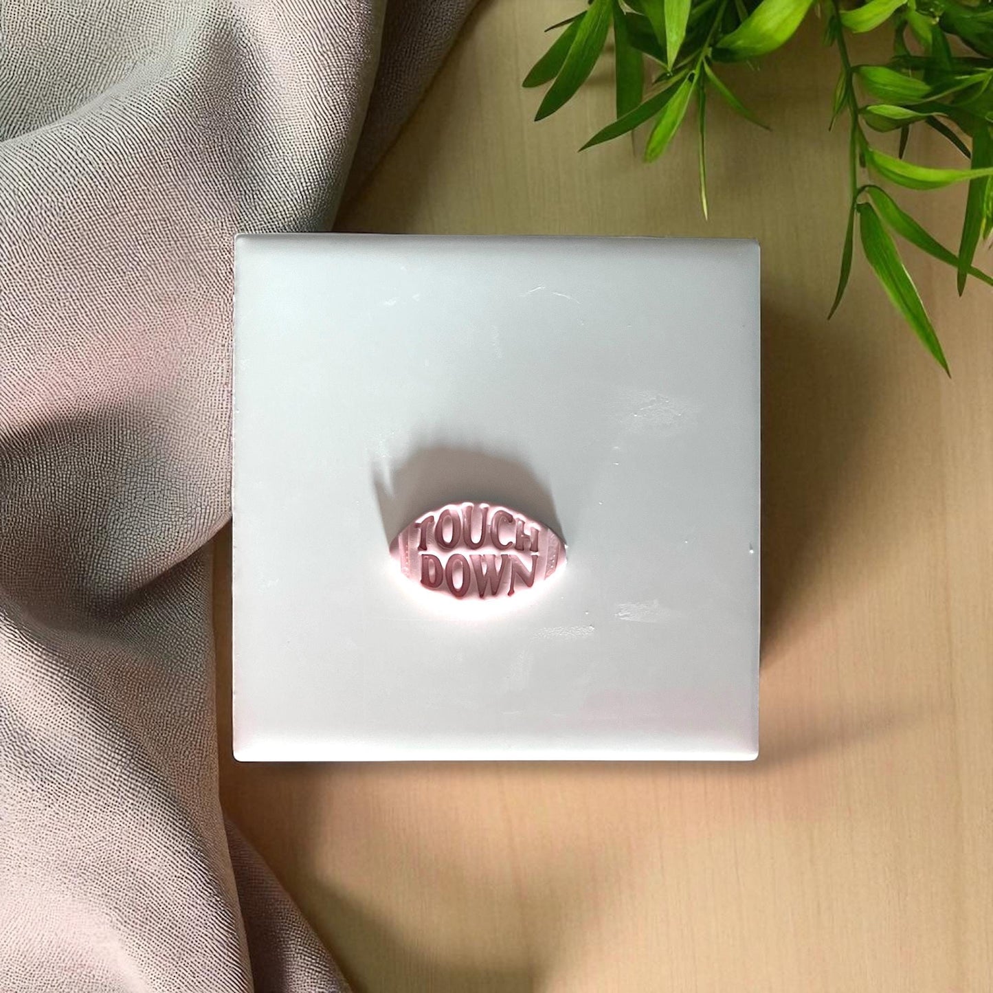 Pink football touchdown clay imprint with plant and fabric