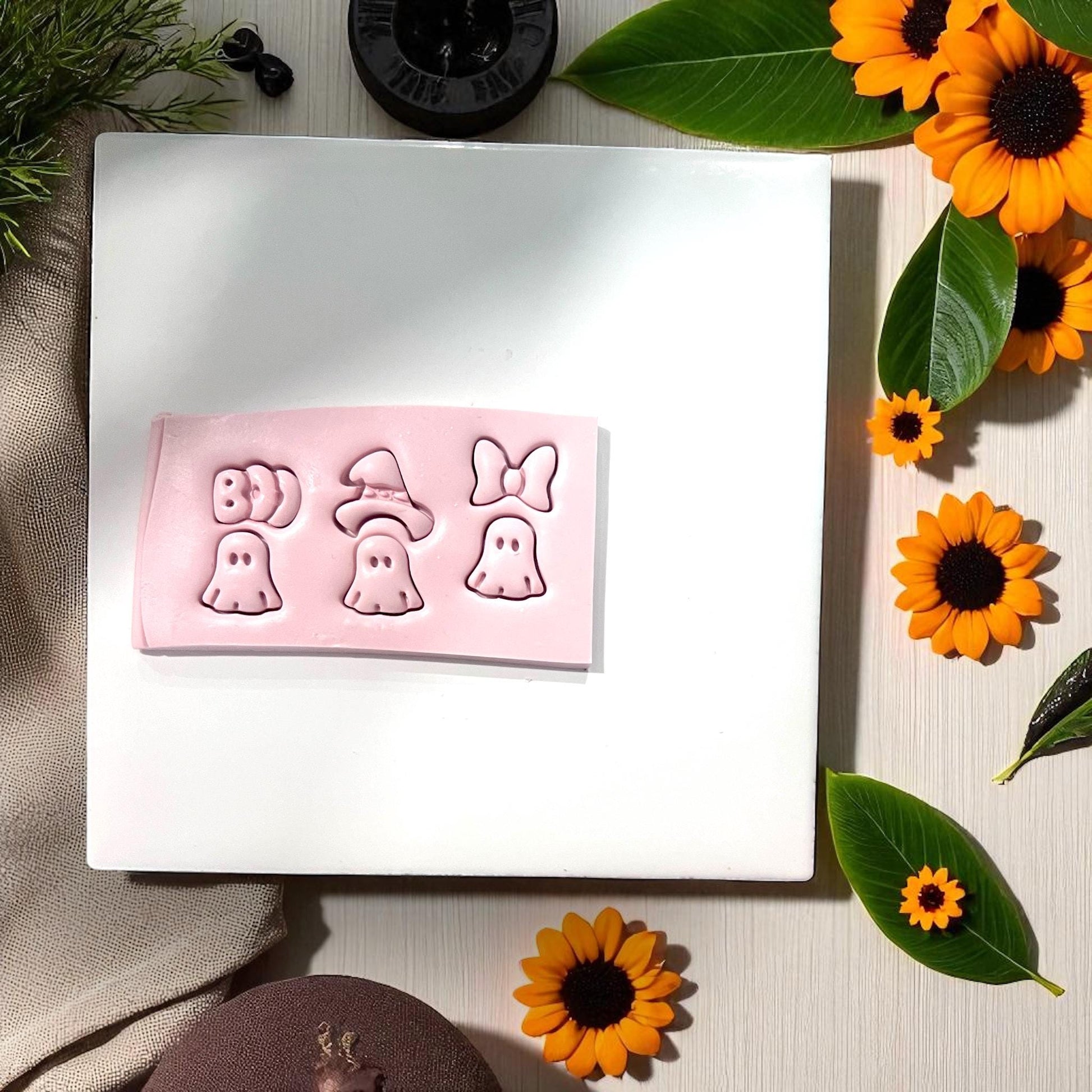 Halloween ghost clay cutter set with bow, witch hat, and boo designs