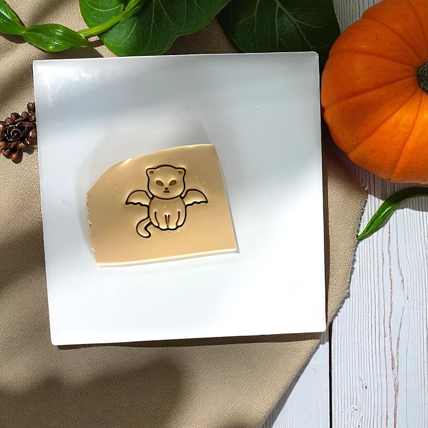 Slab impression of vampire kitten cutter with pumpkins