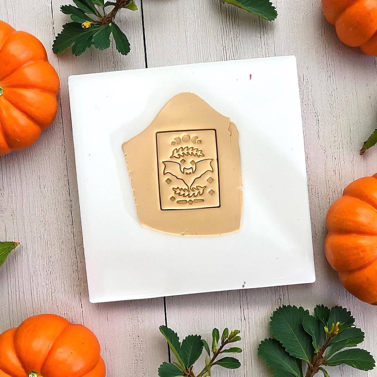 Beige clay imprint of rectangle bat design on white tile with pumpkins.