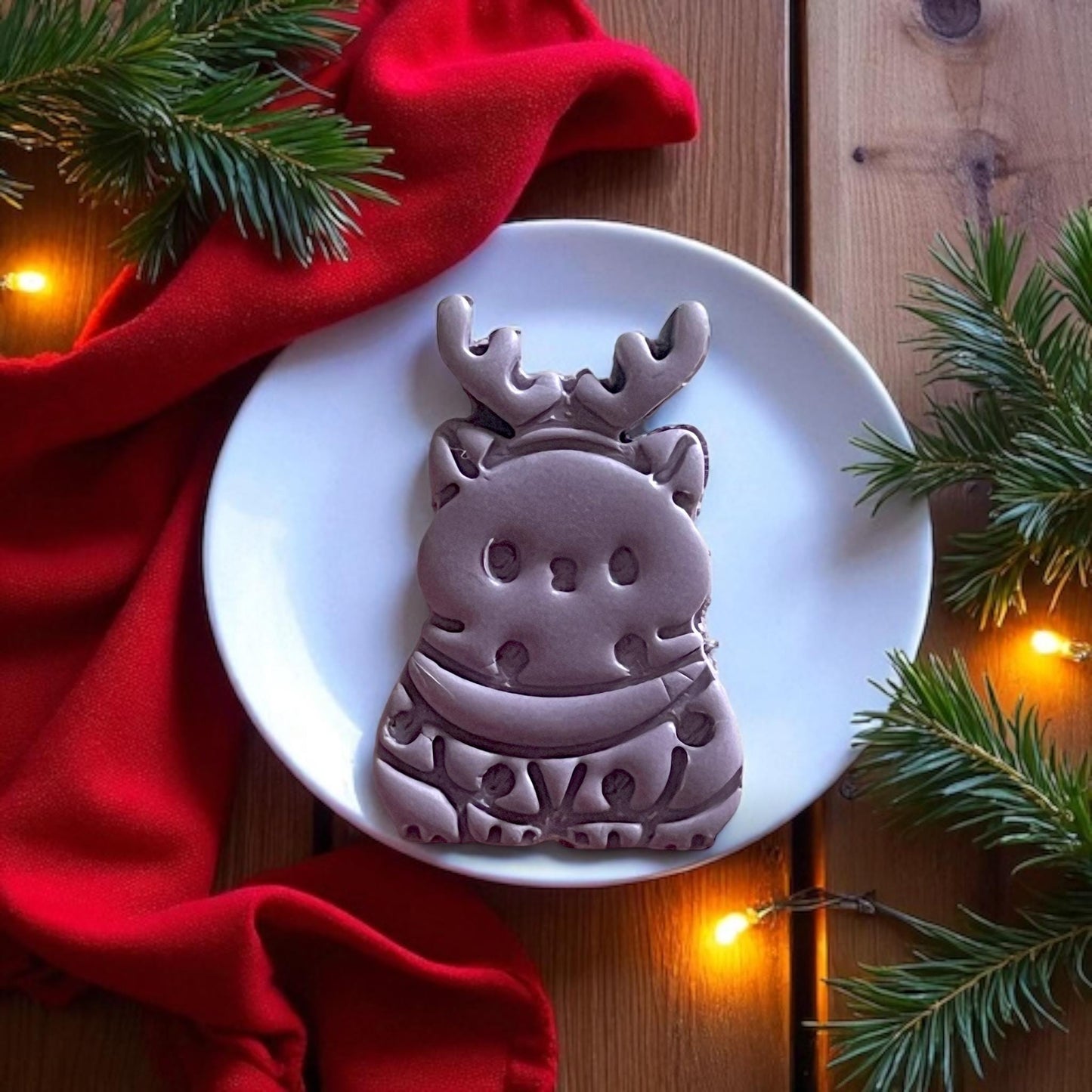 Large festive reindeer cat clay stamp with tangled lights