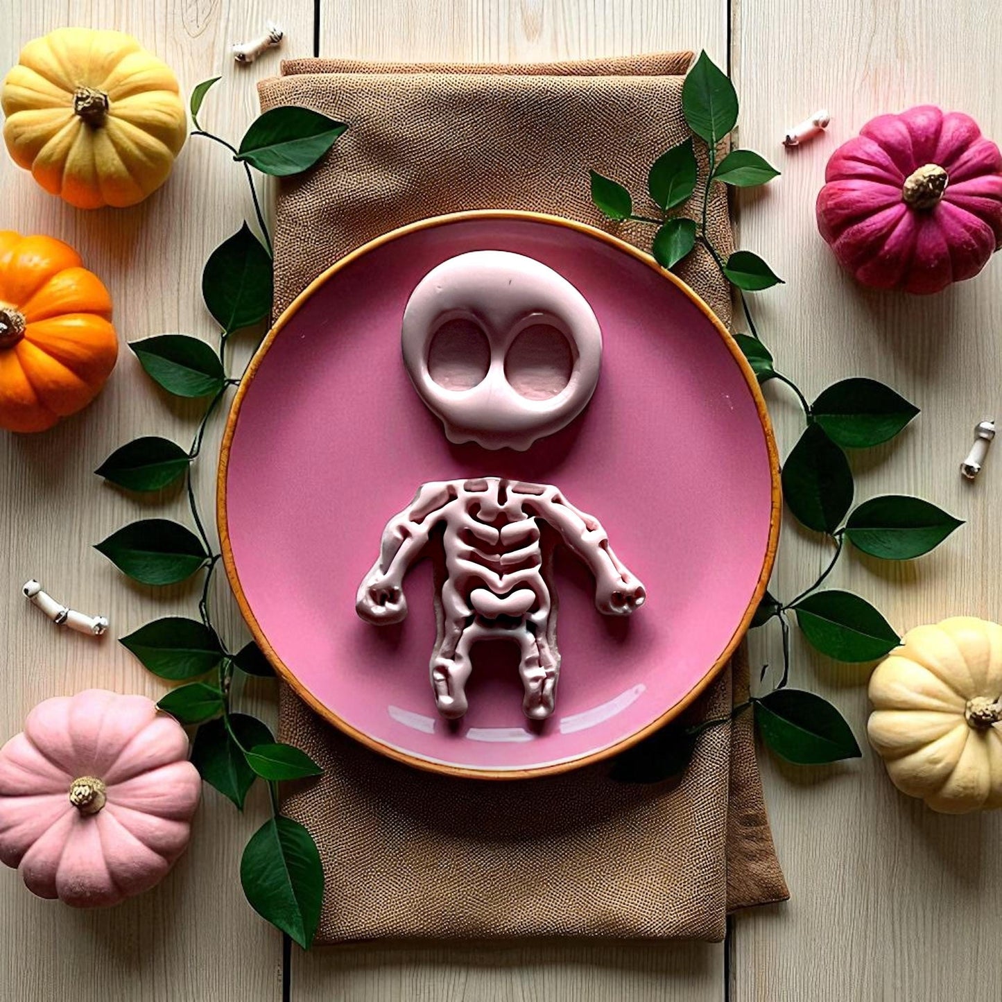 Pink skeleton clay piece on round plate with pumpkins and greenery