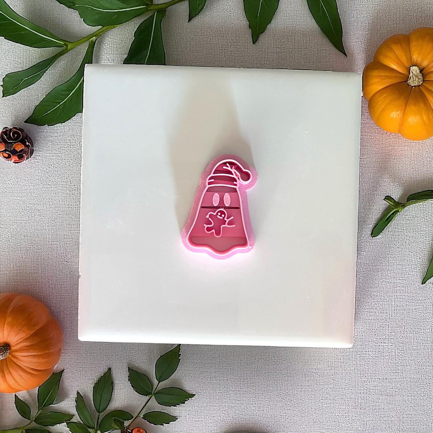 Pink sleepy ghost clay cutter with teddy bear design