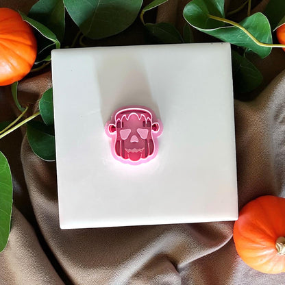 Pink Frankenstein pumpkin clay cutter on display
