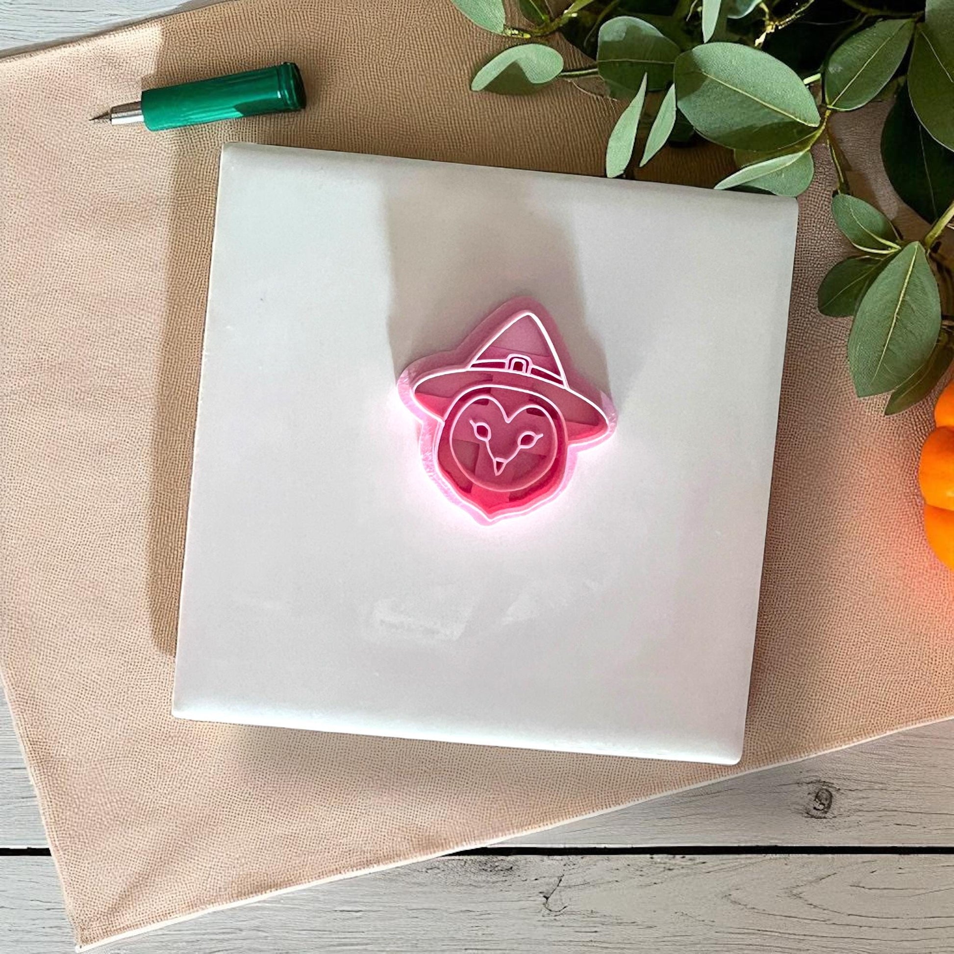 Pink owl in witch hat clay cutter on white tile