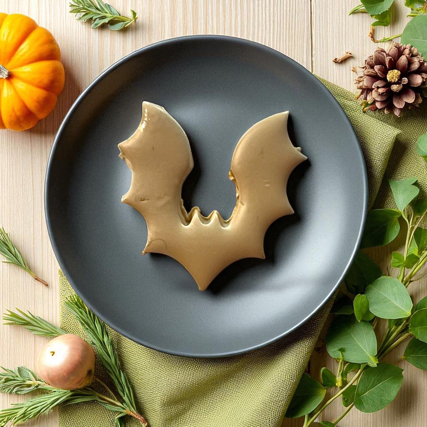 Large bat clay imprint on black plate with pumpkins and greenery