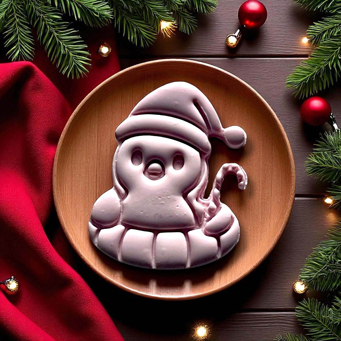 Large penguin floatie Christmas clay imprint on wooden plate with lights