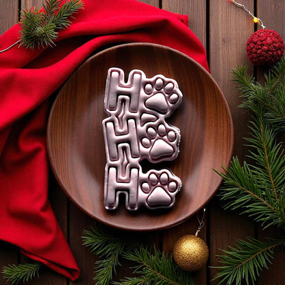 Ho Ho Ho paw print clay design on wooden plate with festive decor