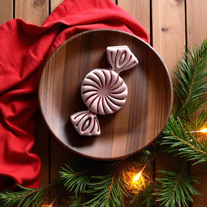 Peppermint candy clay imprint on wooden plate with holiday lights and pine branches